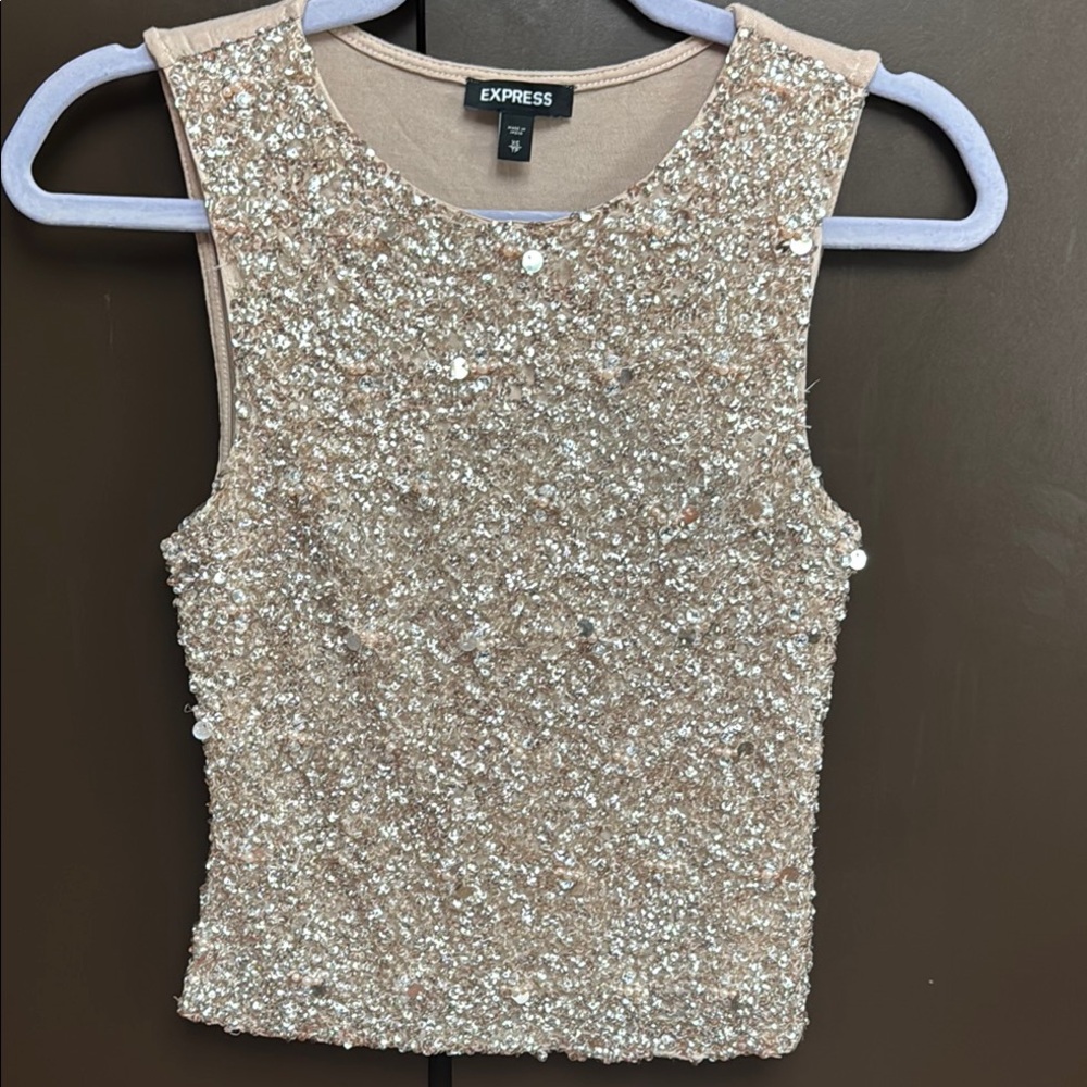 Express Gorgeous Champagne Sequin Crop Tank Top Sz XS